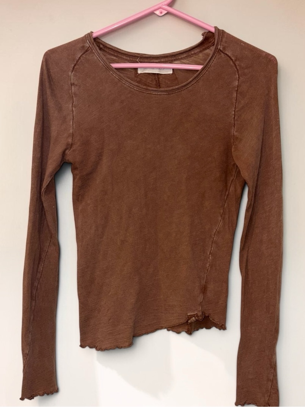 Free People Brown Vintage-Wash Long Sleeve Crew Tee